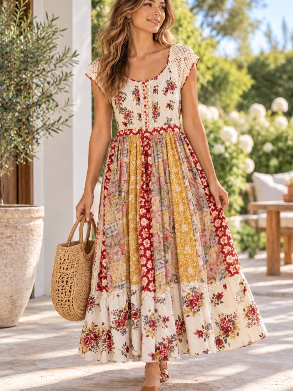 Vintage Rene Derhy Boho Patchwork Mix Media Cotton Maxi Dress Sz M